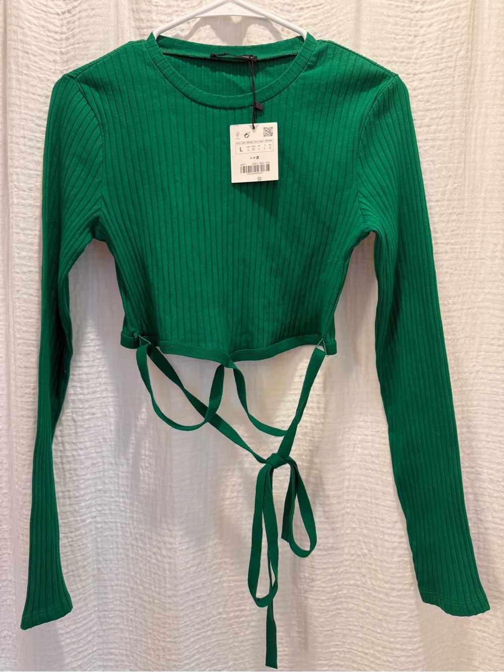 ZARA NWT Ribbed Cropped Long Sleeve Wrap Tie Top Green - Size Large